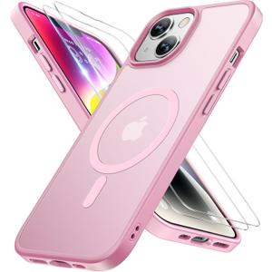 Miracase for iPhone 14 Case [MagSafe Compatible] [2 9H Tempered Glass] 12FT Military-Grade Drop Protection, Slim Translucent Matte, Anti-Fingerprint, Shockproof with Metal Buttons, Mes-Pink