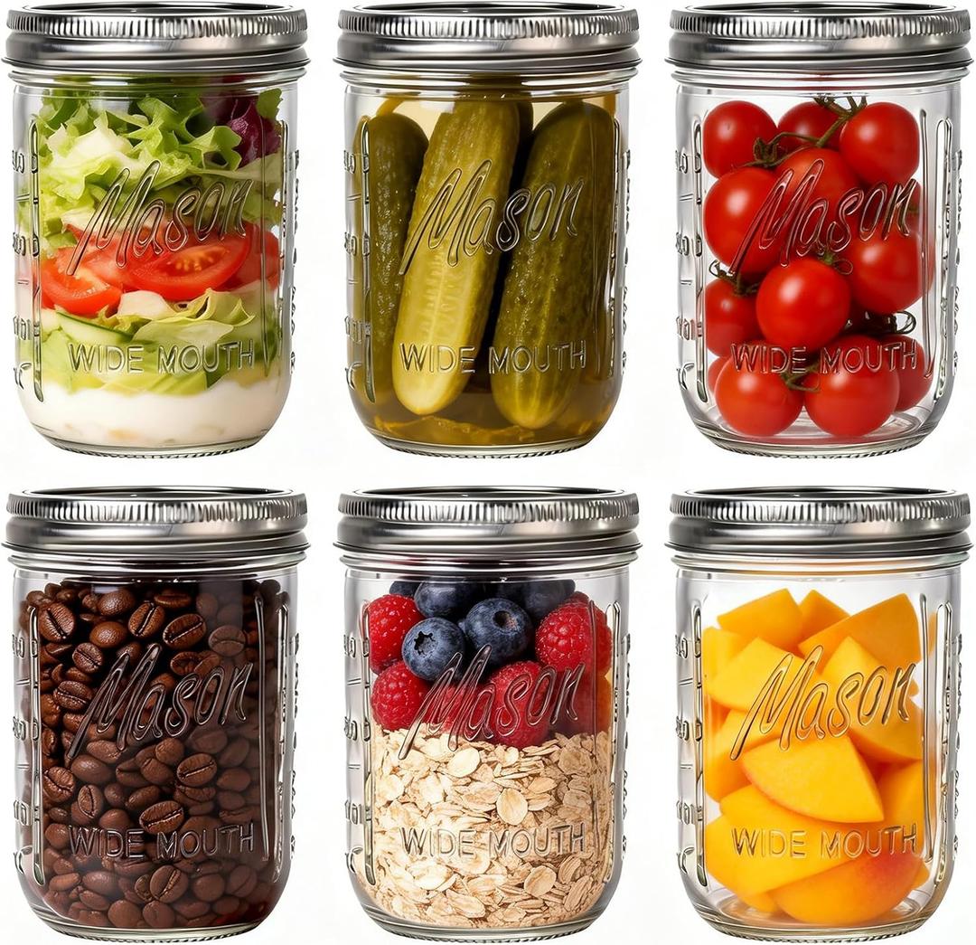 WELLIFE 6-Pack Mason Jars 16 oz with Lids Wide Mouth Glass mason jars, Airtight Leak-Proof canning jars 16 oz for Food Storage, Fermenting, Pickling, Freezing, and Crafts
