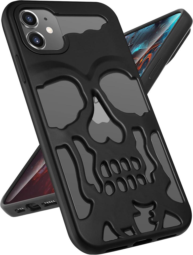 for iPhone 12 Phone Case for Men Women, Cool Skull Skeleton Funny Gothic Hollow Phone case for Apple 12 Cute Hollowed Plated Shockproof Cover for Boys Girls, Black