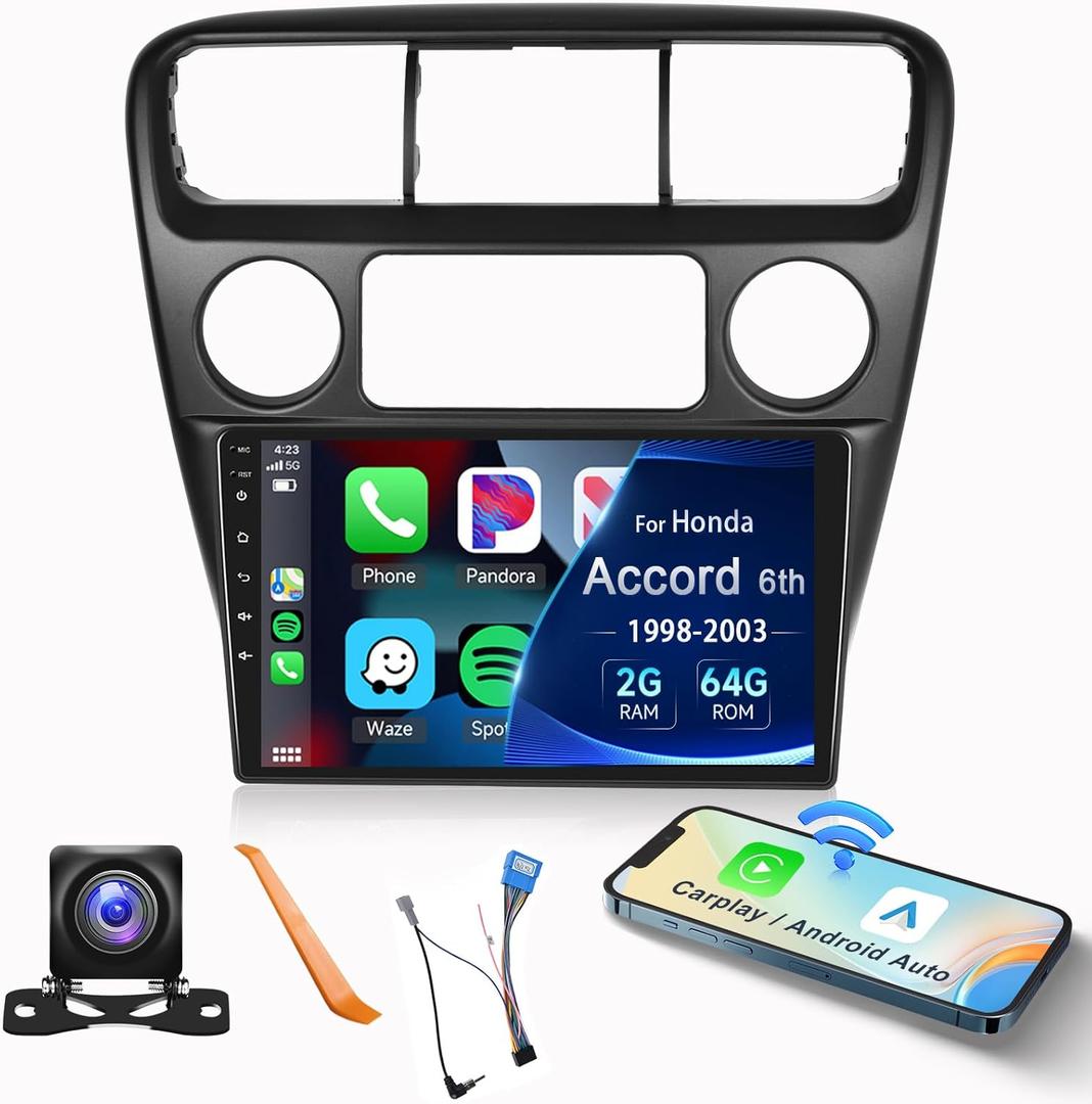 2+64G- for Honda Accord 6th 1998-2003 Car Radio with Wireless Carplay/Android Auto,Android13 Car Stereo 9 Inch Touch Screen GPS Navigation WiFi EQ Bluetooth FM/RDS Mirror Link SWC+AHD Backup Camera