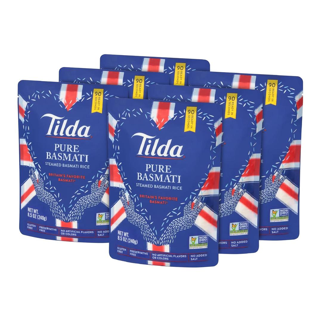 Tilda Ready to Heat Pure Basmati Rice, Convenient Microwaveable Rice, 8.5 Ounce Pouch (Pack of 6), BBD: 09/2024