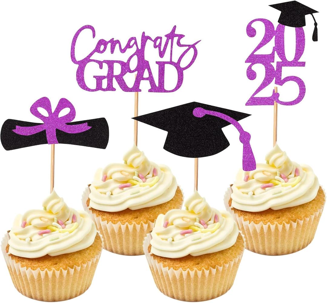 24Pcs 2025 Graduation Theme Cupcake Toppers Glitter Class of 2025 Graduation Cap Diploma Cupcake Picks 2025 Class Theme Party Cake Decorations Supplies (Purple)