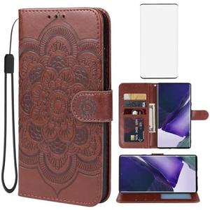 Yodueiv for Galaxy S22 Ultra Case, Samsung S22 Ultra S908U Wallet Case with Tempered Glass Screen Protector, PU Leather Wrist Strap Card Slots Protective Flip Cover for Samsung Galaxy S22 Ultra Brown