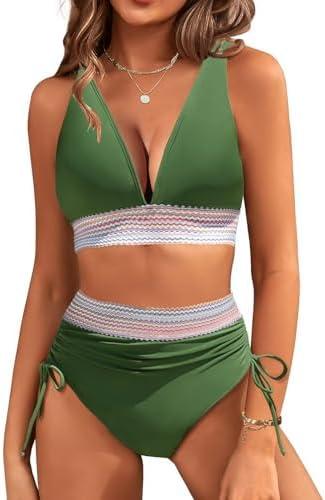 2 PACK Uikue Women's Bikini Sets V Neck 2 Piece Swimsuits High Waisted Color Block Drawstring Bathing Suits Tummy Control Swimwear M