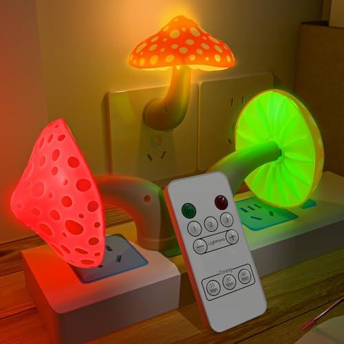 Colorful Life Remote Control Mushroom Night Light – Three‑Color Warm LED Bedside Lamp, Cute Mushroom Design with Dimmer & Timer (Warm Red/Green/Yellow)