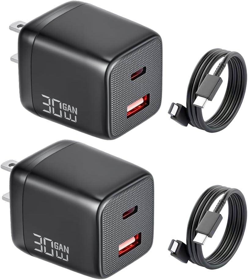 2 Pack 30W USB C Charger Block for iPhone 17 16 15 Pro Max Fast Charging,Dual Ports USB A/C Wall Plug with 5FT Type C Cable,PD 3.0 GaN Phone Power Adapter for iPad Pro,Samsung Galaxy,Google Pixel