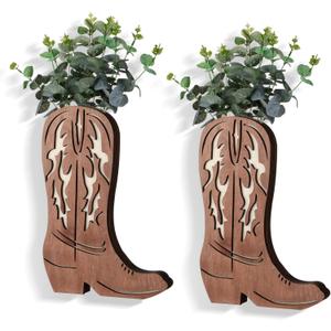 Havawish 2 Pcs Western Wall Decor Wood Cowboy Boots Wall Planter for Indoor Plants 12 x 8'' Western Boot Flower Hanging Vase for Flower Faux Rustic Home Decor for Bathroom Bedroom(Retro Style)