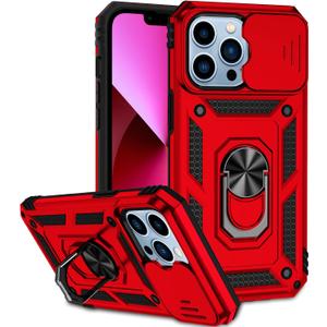Phone Case for iPhone 13 Pro with Camera Lens Cover HD Screen Protector,Military Grade Ring Car Mount Kickstand Hybrid Hard PC Soft TPU Shockproof Protective Red