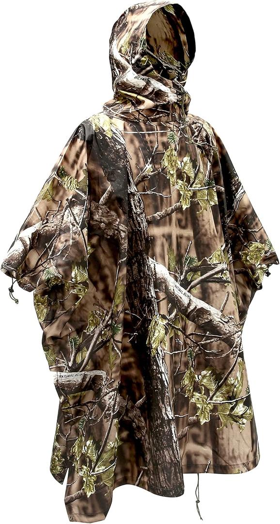 AUSCAMOTEK Camouflage Rain Poncho Hooded Waterproof Camo Raincoat with Blind Pattern for Hunting Hiking Camping Fishing (One Size, Woodland-green)
