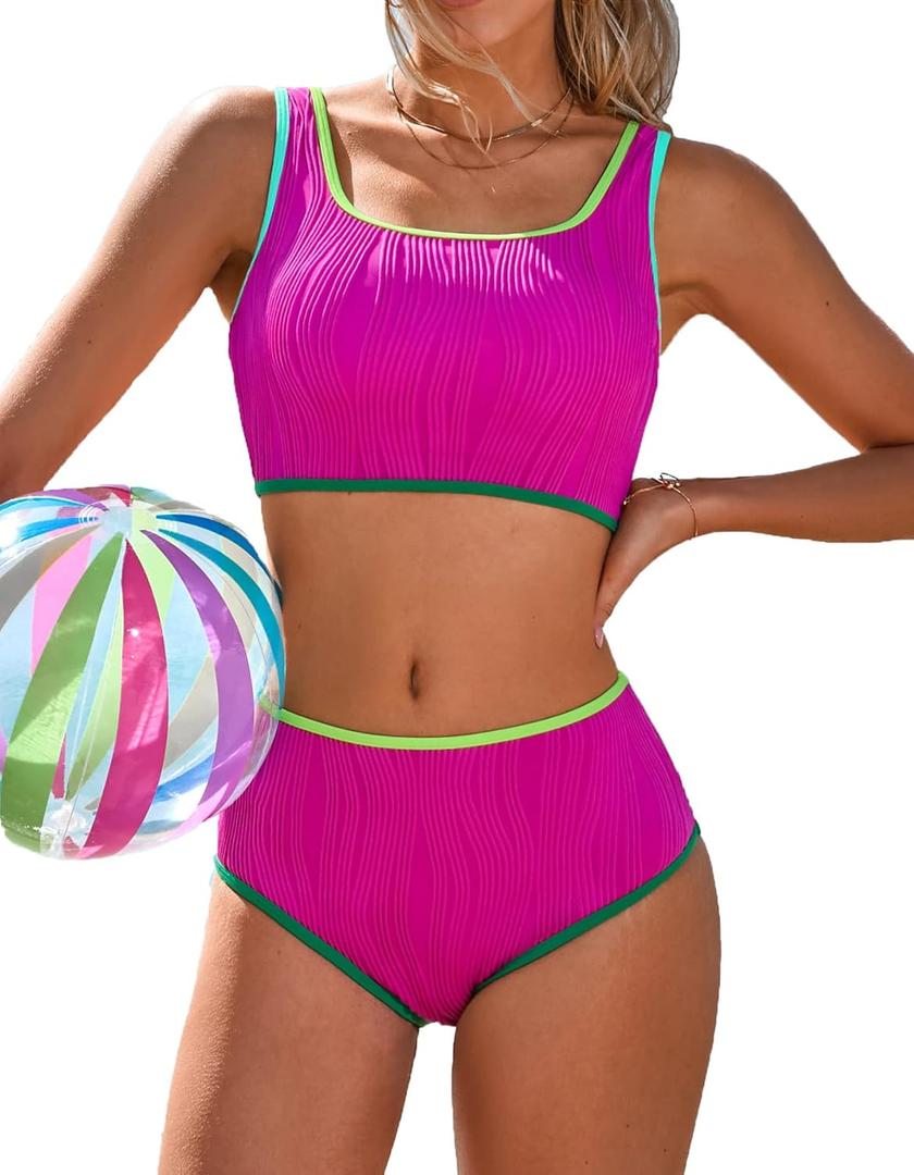 Charmo High Waisted Bikini Sets for Women Sporty Two Piece Swimsuits Color Block Neon Bathing Suit Swimwear 2026 (Medium, Rose Red)