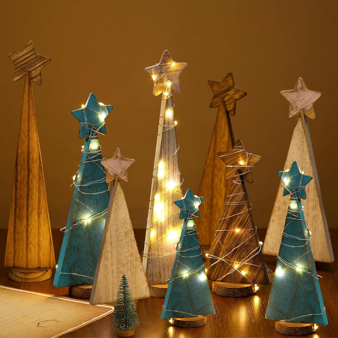 9 Pcs Wooden Christmas Tree Tabletop Decor Sanding Wood Christmas Tree Sign with 3 Pcs 6.56 ft LED Lights for Xmas Home Farmhouse Freestanding Centerpieces Holiday Decor(Rustic Style)