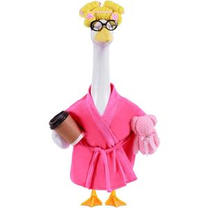 Lady Porch Goose Outfits,Bathrobe Porch Goose Statue Costume with Curlers Reading Glasses Coffee Cup Towel,Cute Goose Clothes for 23-Inch Cement or Plastic Statue,Lawn Yard Garden Patio Decor(Pink)