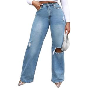 Women's Wide Leg Straight Jeans High Waisted Baggy Stretch Loose Denim Pants (Large, 974-blue)