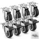 Hotop 8 Pcs 1 Inch Low Profile Casters Wheels Soft Rubber Swivel Caster Small Silent Casters with 360 Degree Top Plate and 40 Screws (4 with Brakes and 4 Without)