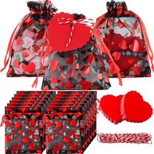 Hillban 100 Pcs Valentine's Day Heart Organza Bags 4 x 5 Inch Treat Candy Gift Organza Bags with 100 PCS Heart Tags for Jewelry Packaging Valentine's Day Gift Wedding Festival Party Supply