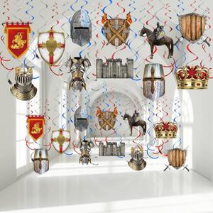 22 Pcs Medieval Knight Birthday Decorations Hanging Swirls Knight Crown Stone Wall Medieval Party Decorations Spiral Renaissance Decor Castle for Themed Party Supplies