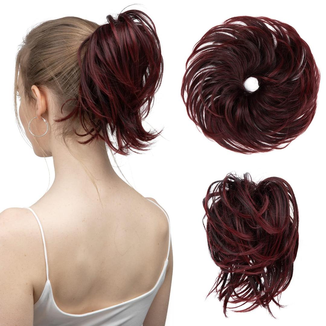 SARLA Messy Hair Bun Hair Pieces Curly Synthetic Updo Fake Scrunchies Ponytail Extension for Women Burgundy and Wine Red Tips 1PCS