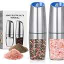 Battery Operated Salt And Pepper Grinder Set with LED Light, Automatic Electric Gravity Salt And Pepper Shakers Set, Each 6 AAA Batteries Needed, Adjustable Roughness, 2 Pack (Silver)