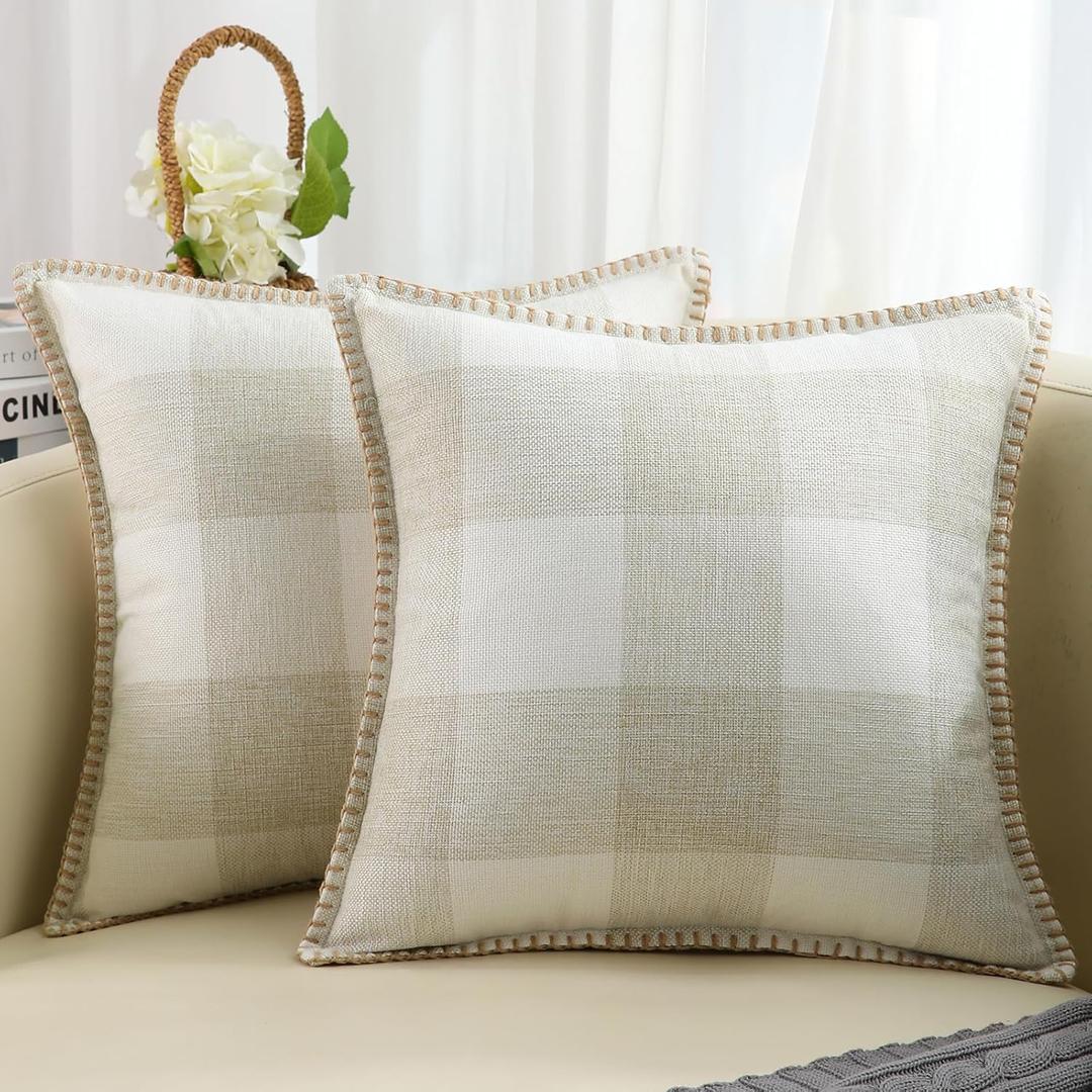 decorUhome Buffalo Plaid Check Spring Throw Pillow Covers 18x18 Set of 2, Outdoor Decorative Farmhouse Pillow Covers with Stitched Edge for Bed Couch Sofa, Cream White and Beige (18" x 18" (Pack of 2))