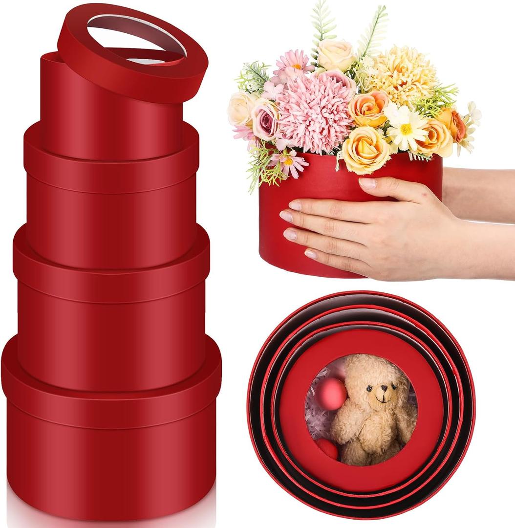 Set of 4 Round Flower Boxes with Clear Lids 4 Assorted Sizes Gift Boxes for Flower Arrangements Nesting Round Gift Box for Mother's Day Graduation Wedding Birthday(Red)