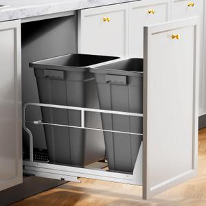Insputer Double 40QT Pull Out Trash Can Under Cabinet, Heavy Duty Under Sink Garbage Bin Kit with Soft-Close Slides for Kitchen, Laundry, Requires Minimum Cabinets Opening 18" W X 24" D (Silver)