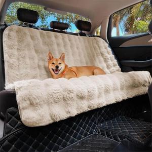 FUNNY FUZZY Fluffy Dog Car Seat Cover for Back Seat (Bench), Water-Resistant with Nonslip Backing,Pet Seat Protector for Cars SUVs TrucksBeige