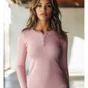 Women's Long Sleeve Henley Tops, Slim Fitted Ribbed Casual Tee Top, Stretchy Casual Shirts(Pink,XL) (Pink, XL)