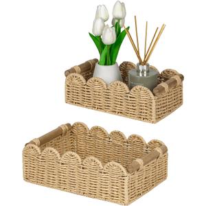 CubesLand Toilet Paper Storage Organizer Basket, Scalloped Decorative Baskets for Over Toilet Shelves, Wicker Small Basket Perfect for Home Countertop Storage & Decor, Living Room Shelf Decor, Beige
