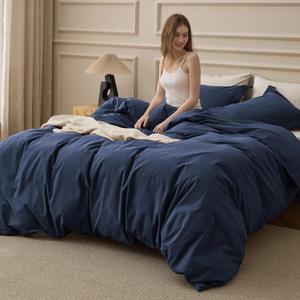 Bedsure 100% Washed Cotton Duvet Cover Queen Size - Navy Minimalist Bedding Set Linen Like - PureWoven Plain Simple & Soft Comforter Cover for All Seasons (Navy, Queen, 90"x90")