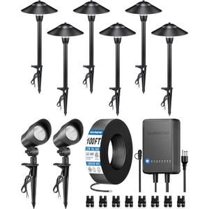 SUNVIE All-in-ONE Landscape Lighting Kit 6-Pack LED Outdoor Pathway Lights, 2-Pack Spotlights, 60W Transformer, 100FT 16/2 AWG Wire and Connectors Outdoor Landscape Lighting for Walkway Garden Yard
