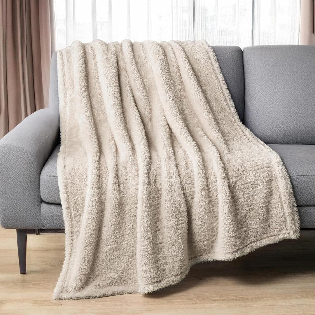 PAVILIA Sherpa Throw Blanket for Couch Sofa, Cream Beige Fluffy Warm Plush Blanket for Bed, Cozy Super Soft Lightweight Throw, Fuzzy Decorative Blanket, All Season Home, 50x60 (Latte)