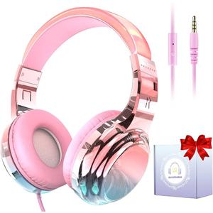 QearFun Headphones for Girls Kids for School,Cool Kids Wired Headphones with Microphone&3.5mm Jack,Teens Noise Cancelling Headphone with Adjustable Headband for Tablet/Smartphones-Gradient Deep, Pink