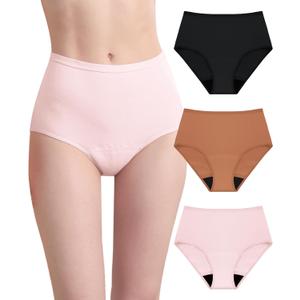 Womens Washable Incontinence Underwear Bladder Leak Proof Odor Control Briefs 56 ml Absorbency Panties 3 Pack (Black-Brown-Pink, L) (Large)