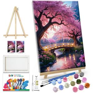 JOOZ Paint by Numbers Kit for Adults with Frame Sakura Paint by Number with Easel Tree Adult Paint by Number Kits Framed Canvas Mountain Waterfall Oil Painting Kits for Gift Home Wall Decor 8x12 Inch (Landscape)