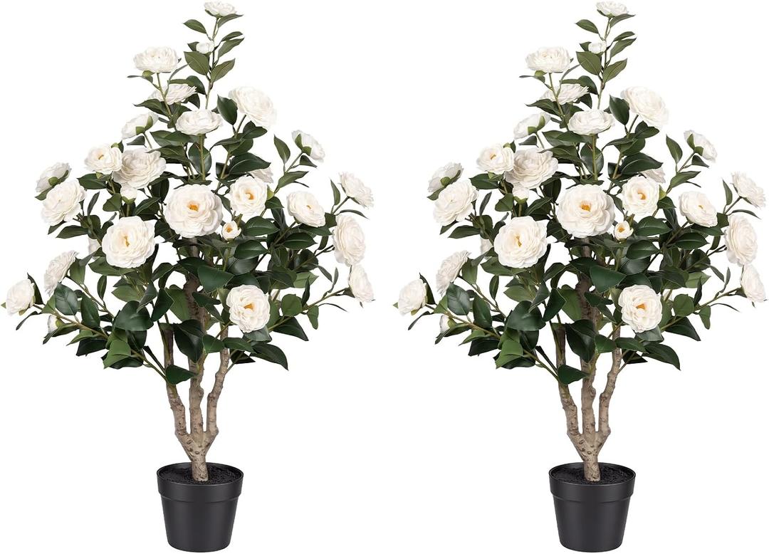 3FT Artificial Camellia Tree 2 Pack, UV Resistant Faux Camellia Plants with Realistic White Flowers, Tall Fake Potted Trees for Front Porch Patio Garden Home Decor, Indoor Outdoor