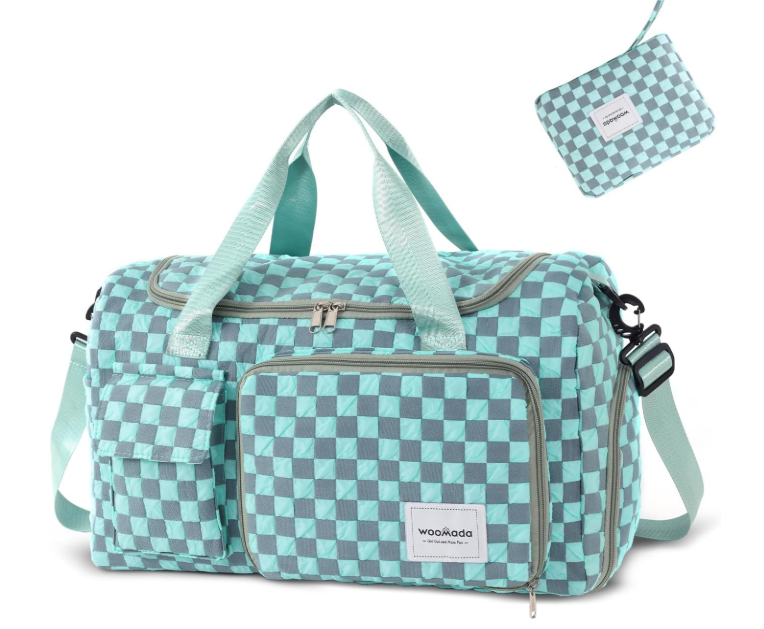WOOMADA Foldable Travel Duffel Bag with Shoes Compartment, Overnight Bag with Wet Pocket & Trolley Sleeve, Weekender Bags for Women (turquoise checkerboard)