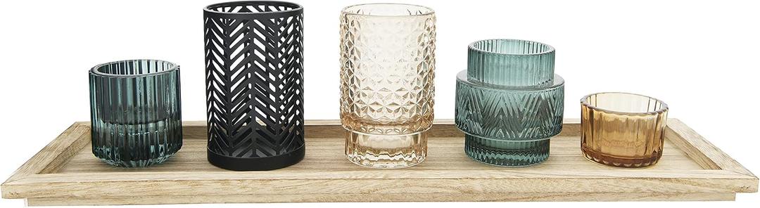 Bloomingville Embossed Glass & Metal Tealight/Votive Holders on Rectangle Wood Tray (Set of 6 Pieces)