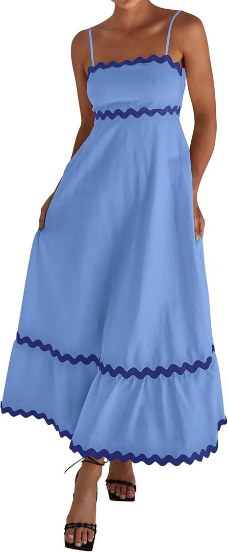 dowerme Women Summer Dresses 2026 Spaghetti Straps Sleeveless Smocked Rickrack Trim Boho Flowy Loose A-Line Midi Dress (Blue) S