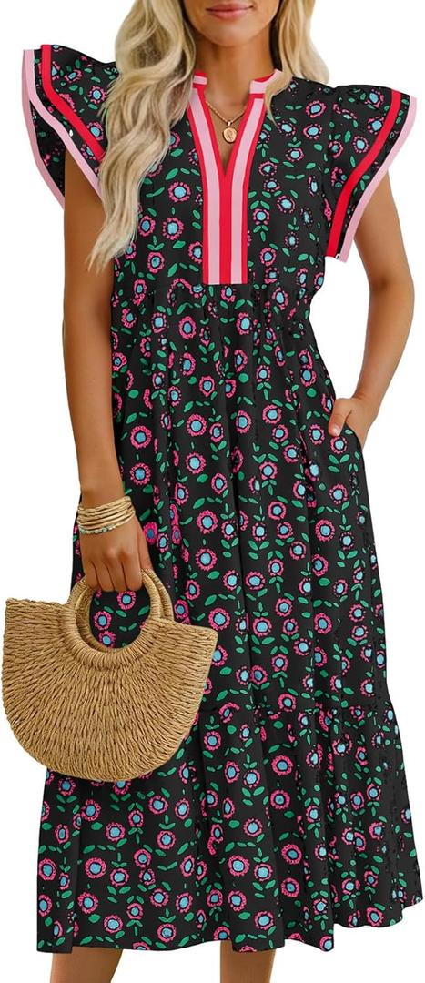 Wenrine Womens Summer Floral Midi Dresses Ruffle Cap Sleeve V Neck Flowy Boho Casual Beach Vacation Sundress M