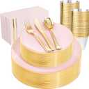 NOCCUR 350PCS Pink and Gold Plastic Plates - Pink Disposable Plastic Dinnerware Set for 50 Guests Include 50 Dinner Plates,50 Dessert Plates,150 Gold Cutlery,50 Cups&50 Napkins for Party&Wedding