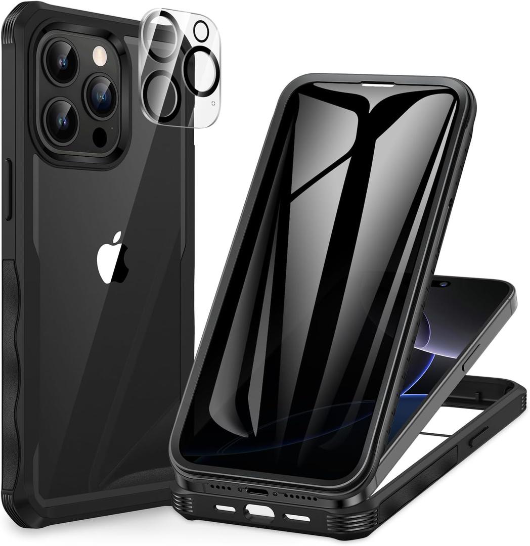 CENHUFO Privacy for iPhone 15 Pro Case, Full Body Phone Case with Built-in 9H Tempered Glass Privacy Screen Protector and Camera Lens Protector, Anti Peep Spy Shockproof Bumper Clear Cover - Black
