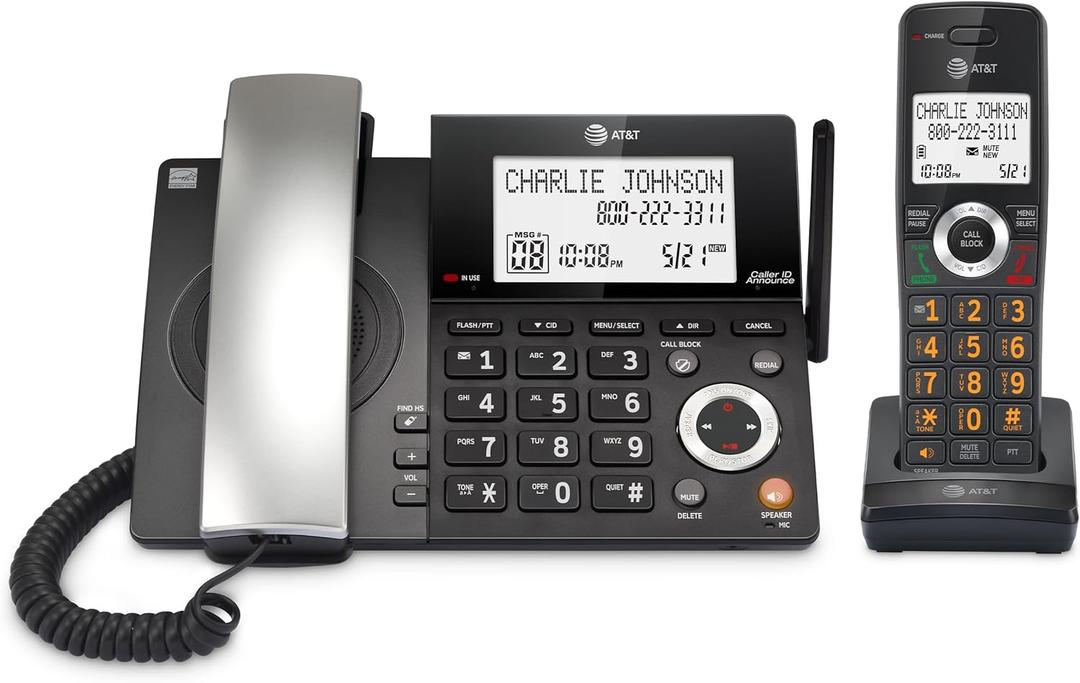 AT&T DECT 6.0 Corded/Cordless Home Phone with 1-Handset and Answering Machine, Smart Call Blocker, Caller ID, Large Backlit Display, Big Button, Speakerphone, Intercom: CL84118 (Charcoal Black)