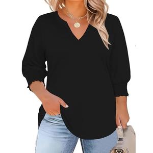 TFSDOD Black Tops for Women 3/4 Sleeve Tunic Dressy Casual V Neck Blouses Smocked Shirts Summer Tops for Women, Plus Size Tee 3X