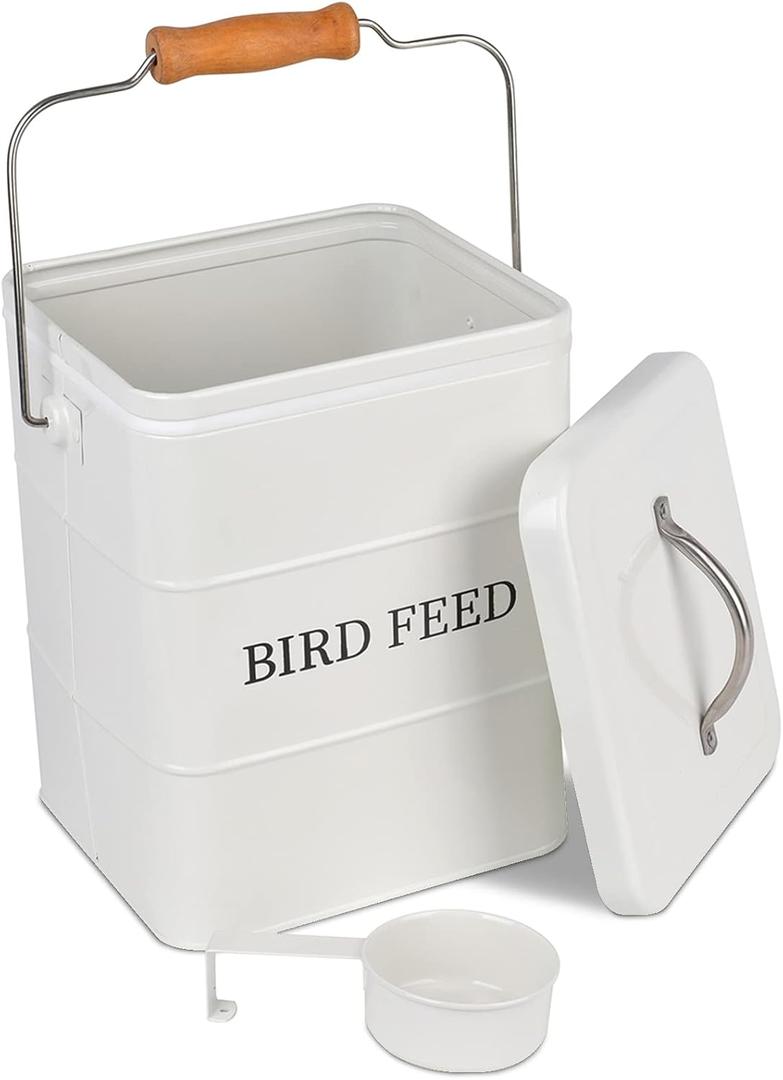 DEAYOU Pet Food Storage Tin with Lid, Metal Bird Seed and Feed Container with Serving Scoop, Treats Storage Canister Bin Can for Dogs, Cats Food, Coated Carbon Steel, Tight Fitting Lid, White, 5-6 Lbs