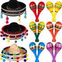 Honoson 12 Pcs Wooden Fiesta Maracas 6 Pcs Cinco De Mayo Mini Sombrero Top Hat for Kid Festival sombrero Mexican Party Decor(18 Pcs,Stylish Style)