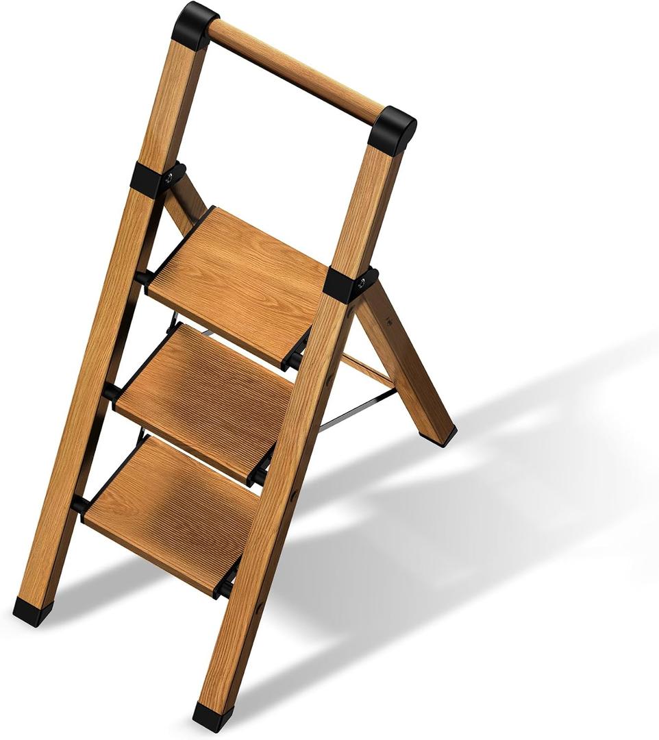 3 Step Ladder,Folding Step Stool with Aluminum Wide Pedal& Convenient Handgrip,330lbs Capacity Steel Ladder for Household and Office(Woodgrain)