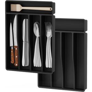 2 Pack Silverware Drawer Organizer Set, Silicone Silverware Holder, Kitchen Utensil Drawer Organization and Storage, Ideal Flatware&Cutlery Organizer withnot BPA, Dishwasher Safe (Black)