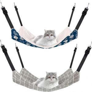 Jetec 2 Pack Cat Hammock for Cage, Catio Accessories Reversible Soft Cats Bed with Adjustable Straps and Hooks Double-Sided Linen and Fleece Hanging Hammock for Cats, Kitten(Cat and Plaid,Large)