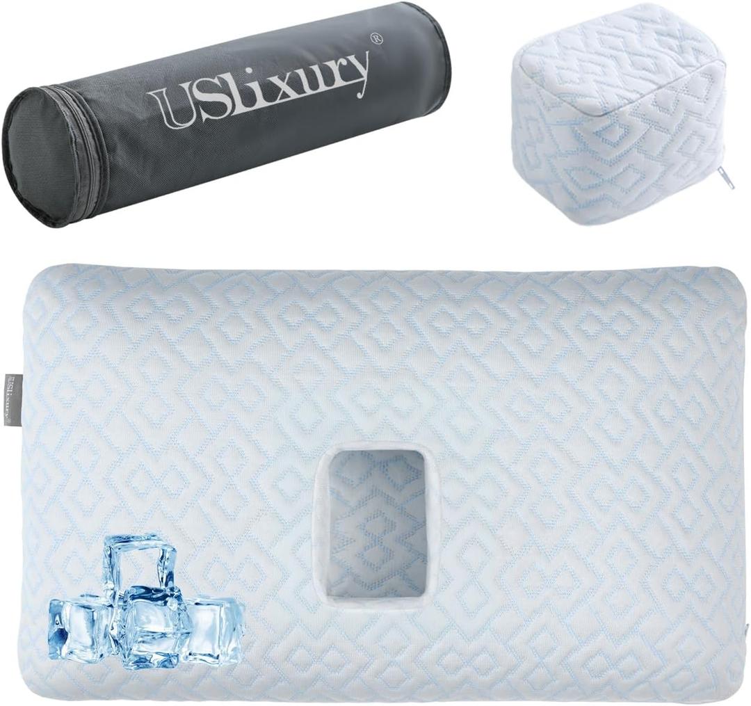 USlixury Piercing Pillow - Large Ear Piercing Pillow with Foam Plug, 4''H Ear Pilow with 5.1*3.2 and Off Center Earr Hole, Soft CertiPUR-US Memory Foam Pirecing Pilow for Side Sleepers, Cooling Sleep