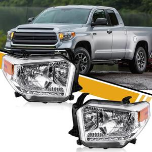 Headlight Assembly Compatible with Toyota Tundra 2014-2019 Limited/Ltd/SR5/SR/TRD, W/Manul Level Adjuster, W/O LED DRL, Halogen Headlamp Pair Set w/o Bulbs, Chrome Housing Yellow Corner